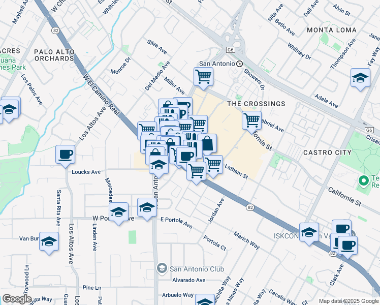 map of restaurants, bars, coffee shops, grocery stores, and more near 2580 West El Camino Real in Mountain View