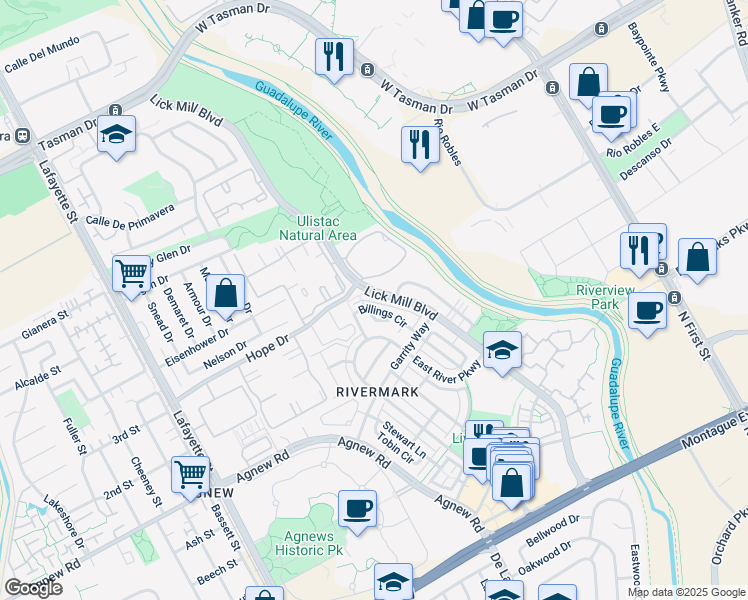 map of restaurants, bars, coffee shops, grocery stores, and more near 4480 Billings Circle in Santa Clara