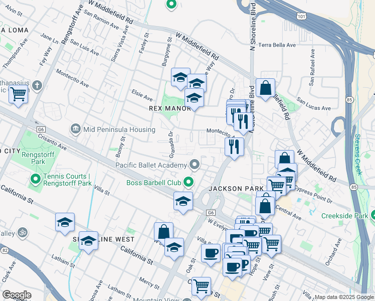map of restaurants, bars, coffee shops, grocery stores, and more near 1430 Wildrose Way in Mountain View