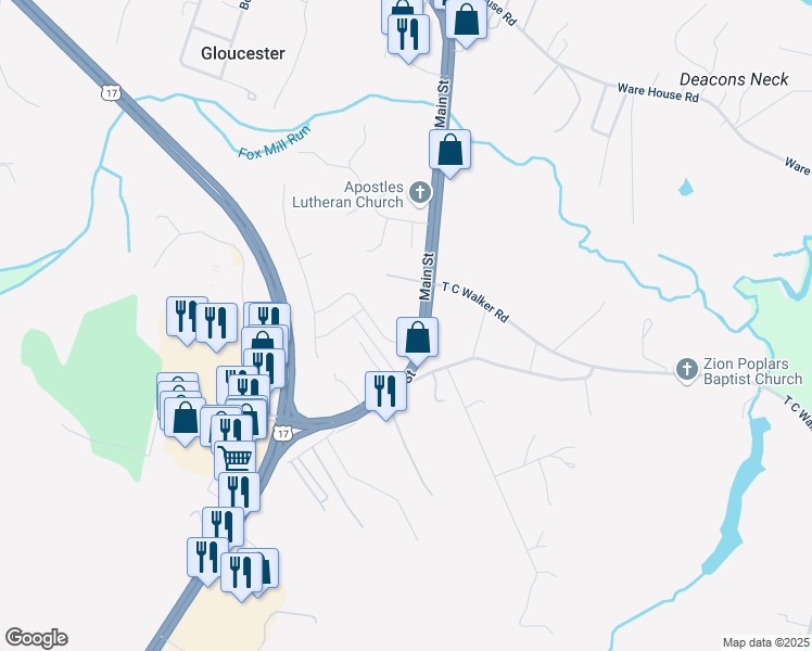map of restaurants, bars, coffee shops, grocery stores, and more near 7210 Main Street in Gloucester