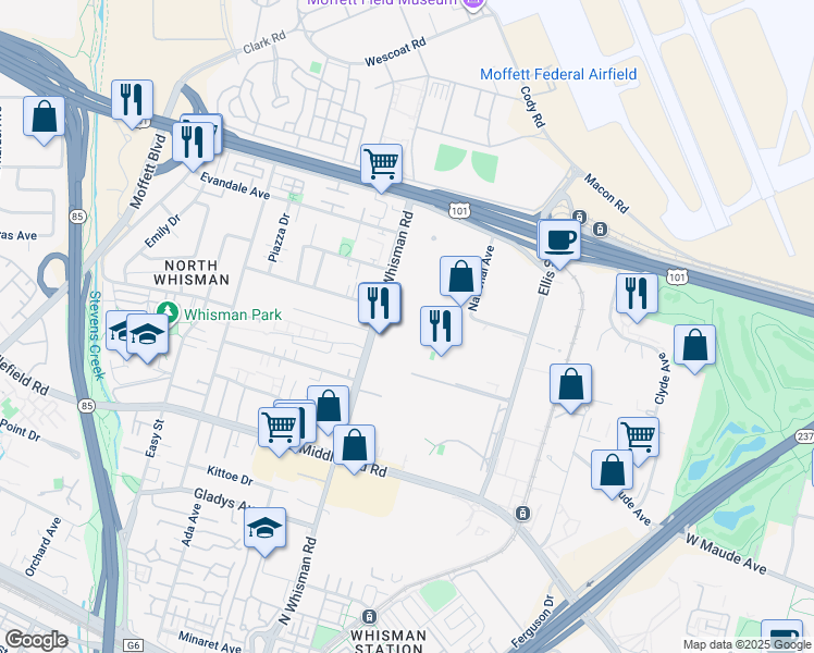 map of restaurants, bars, coffee shops, grocery stores, and more near 445 North Whisman Road in Mountain View