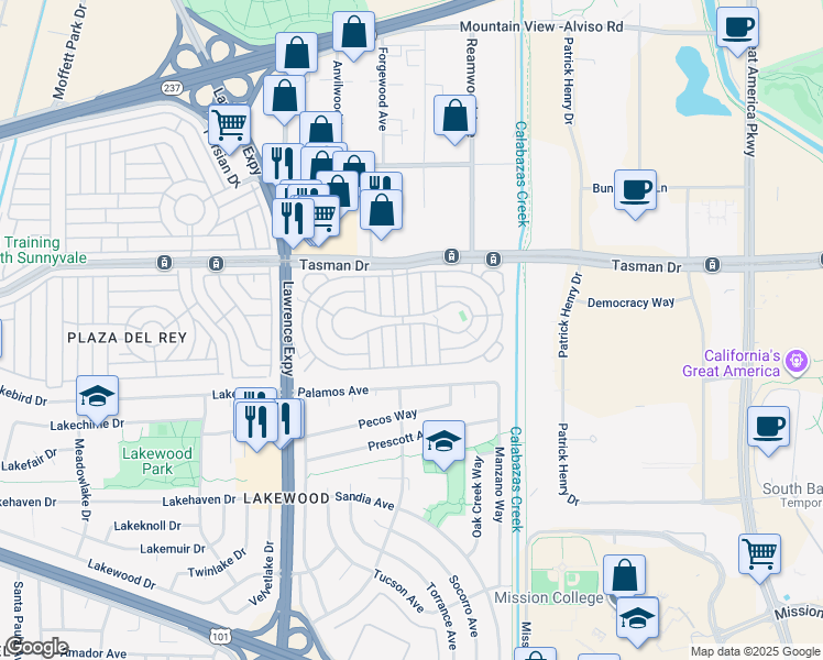 map of restaurants, bars, coffee shops, grocery stores, and more near 1220 Tasman Drive in Sunnyvale