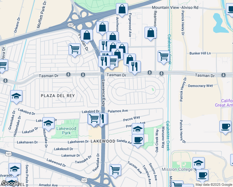 map of restaurants, bars, coffee shops, grocery stores, and more near 1220 Tasman Drive in Sunnyvale