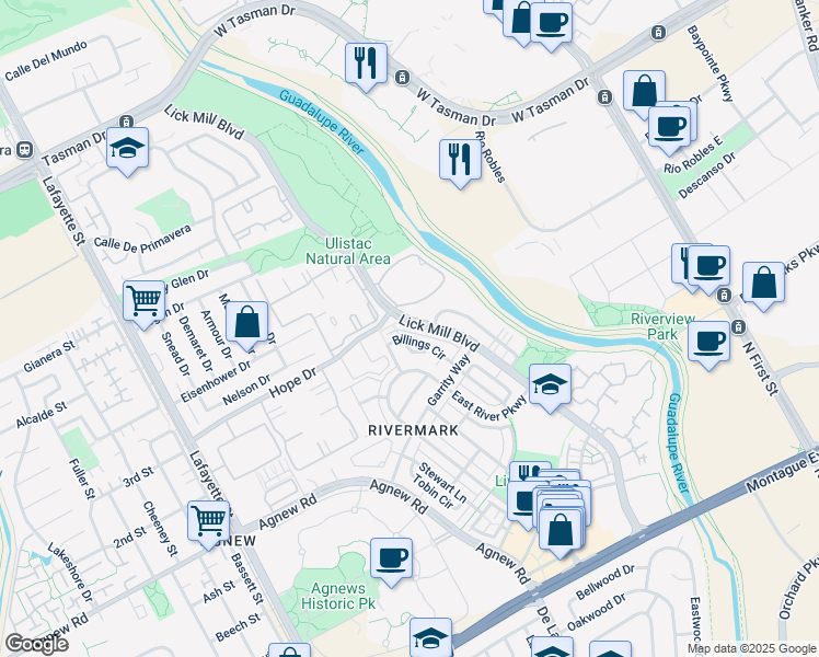 map of restaurants, bars, coffee shops, grocery stores, and more near 4480 Billings Circle in Santa Clara