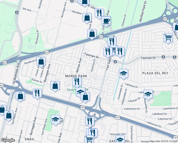map of restaurants, bars, coffee shops, grocery stores, and more near 1113 Lubeck Terrace in Sunnyvale
