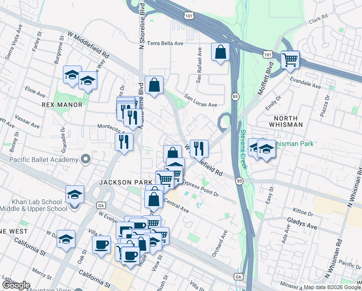 map of restaurants, bars, coffee shops, grocery stores, and more near 751 West Middlefield Road in Mountain View