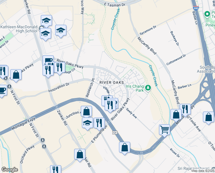 map of restaurants, bars, coffee shops, grocery stores, and more near 430 Galleria Drive in San Jose