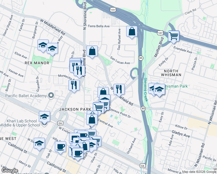 map of restaurants, bars, coffee shops, grocery stores, and more near 751 West Middlefield Road in Mountain View