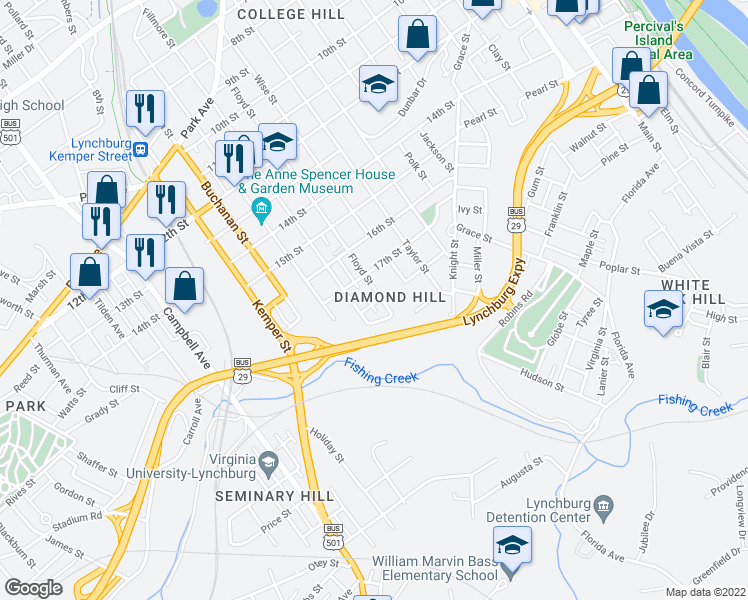 map of restaurants, bars, coffee shops, grocery stores, and more near 1723 Floyd Street in Lynchburg