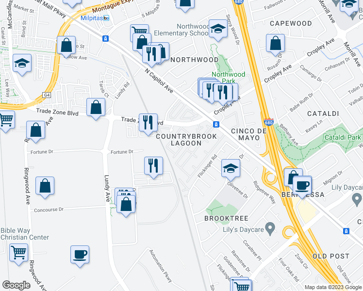 map of restaurants, bars, coffee shops, grocery stores, and more near 1968 North Star Circle in San Jose