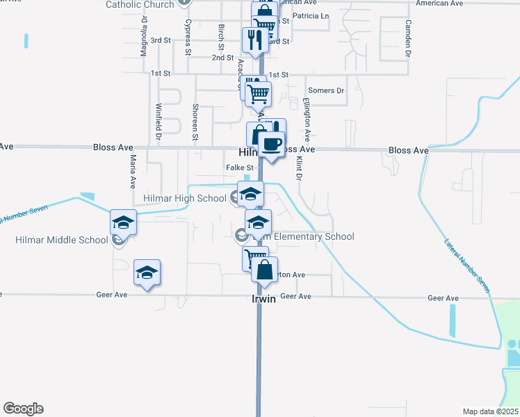 map of restaurants, bars, coffee shops, grocery stores, and more near 7807 Lander Avenue in Hilmar