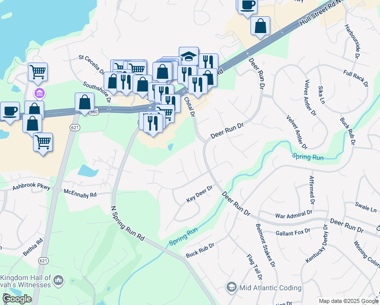 map of restaurants, bars, coffee shops, grocery stores, and more near 7104 Branched Antler Court in Midlothian