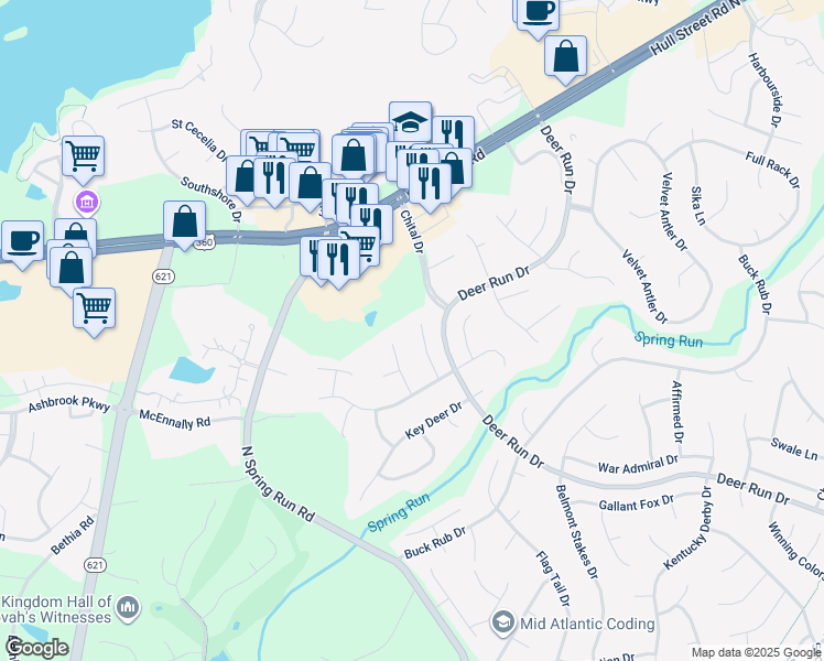 map of restaurants, bars, coffee shops, grocery stores, and more near 7104 Branched Antler Court in Midlothian