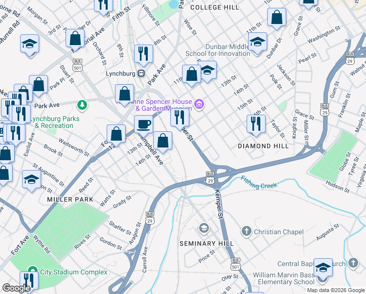 map of restaurants, bars, coffee shops, grocery stores, and more near 1501 Kemper Street in Lynchburg