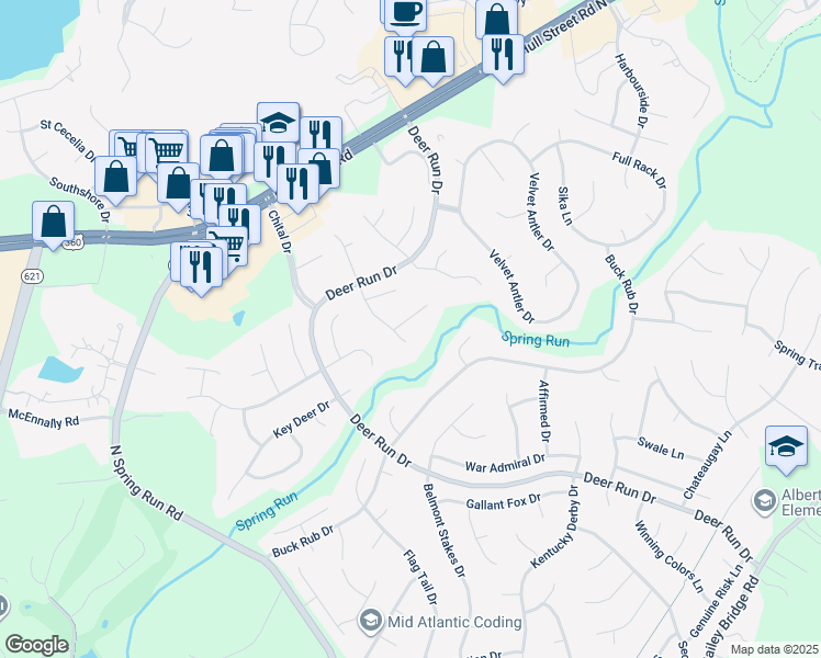 map of restaurants, bars, coffee shops, grocery stores, and more near 13911 Deer Thicket Lane in Midlothian