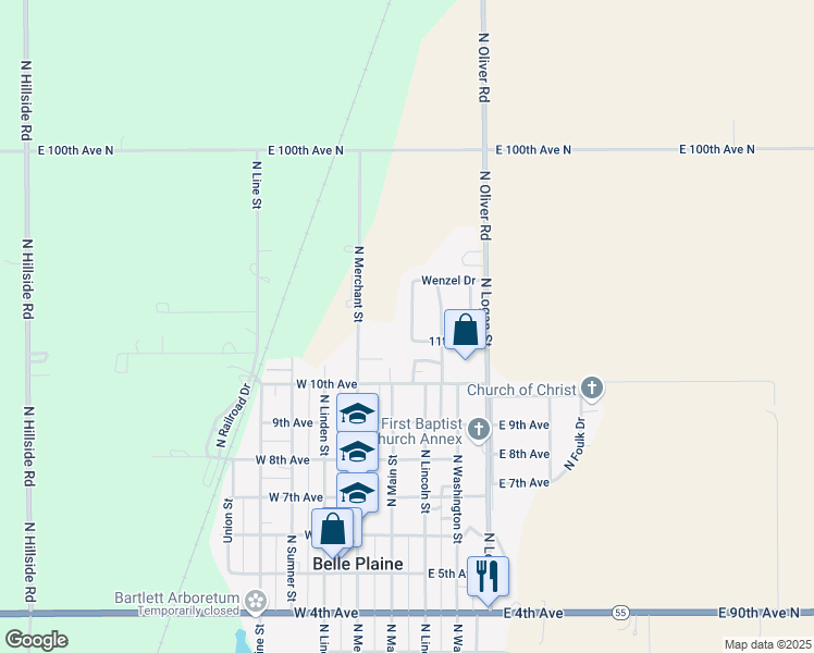 map of restaurants, bars, coffee shops, grocery stores, and more near 1109 North Burrows Street in Belle Plaine