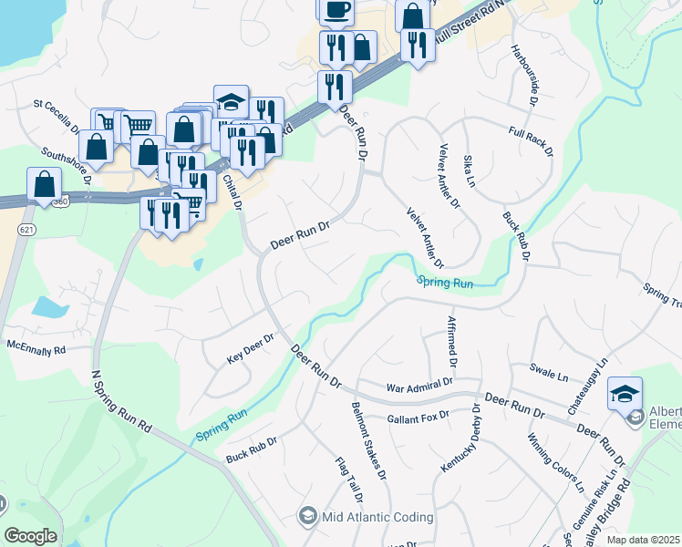 map of restaurants, bars, coffee shops, grocery stores, and more near 13911 Deer Thicket Lane in Midlothian