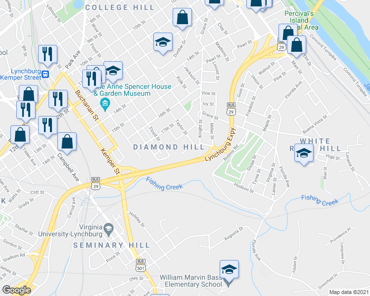 map of restaurants, bars, coffee shops, grocery stores, and more near 1215 19th Street in Lynchburg