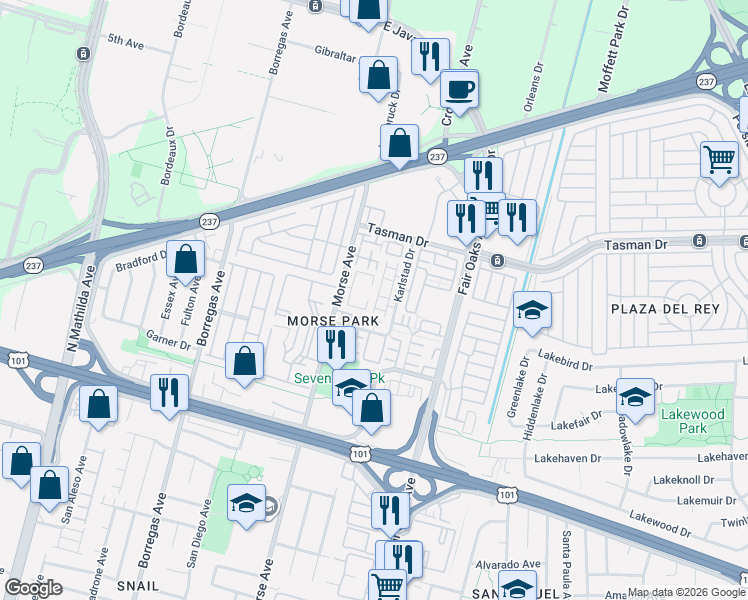 map of restaurants, bars, coffee shops, grocery stores, and more near 1141 Milan Terrace in Sunnyvale