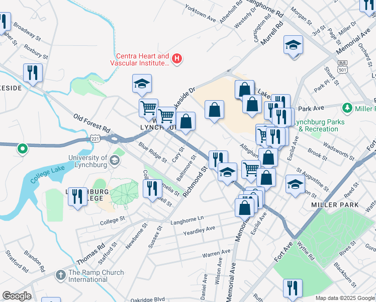 map of restaurants, bars, coffee shops, grocery stores, and more near 201 Hood Street in Lynchburg
