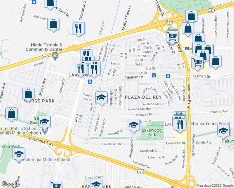 map of restaurants, bars, coffee shops, grocery stores, and more near 627 Calle Gloria in Sunnyvale