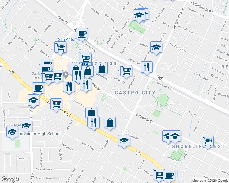 map of restaurants, bars, coffee shops, grocery stores, and more near in Mountain View