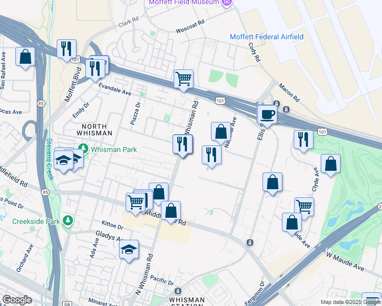 map of restaurants, bars, coffee shops, grocery stores, and more near 445 North Whisman Road in Mountain View
