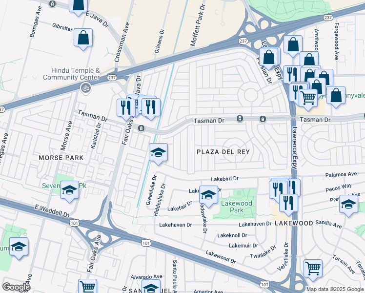 map of restaurants, bars, coffee shops, grocery stores, and more near 1225 Vienna Drive in Sunnyvale