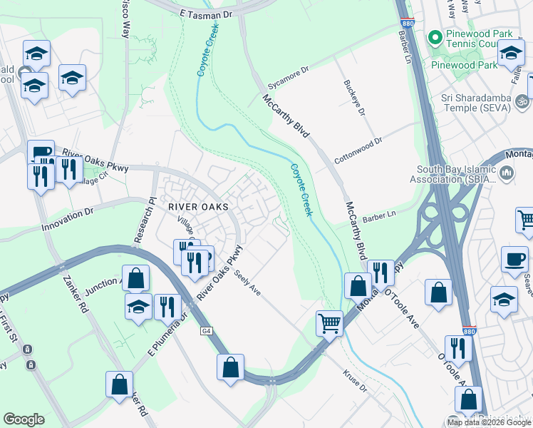 map of restaurants, bars, coffee shops, grocery stores, and more near 670 Encore Way in San Jose
