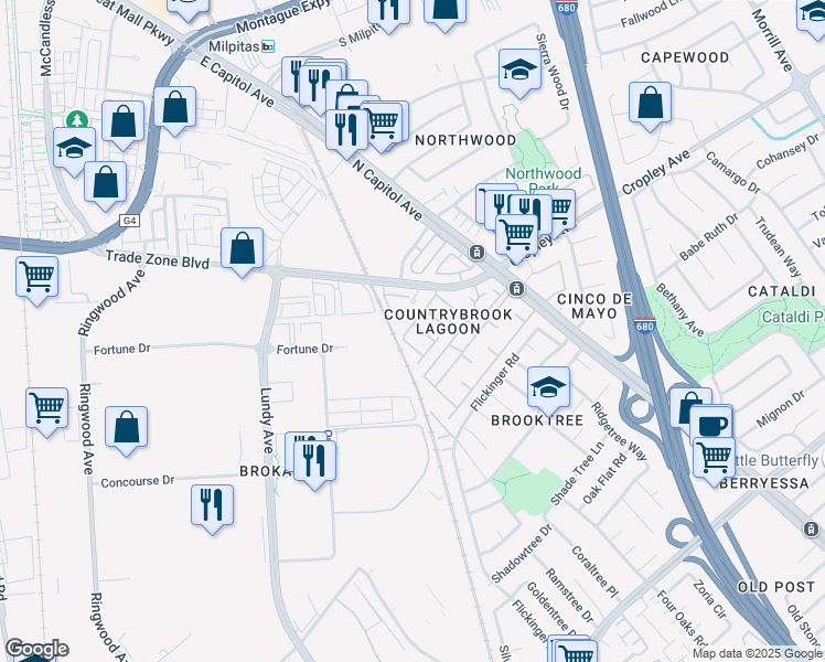 map of restaurants, bars, coffee shops, grocery stores, and more near 1915 North Star Circle in San Jose