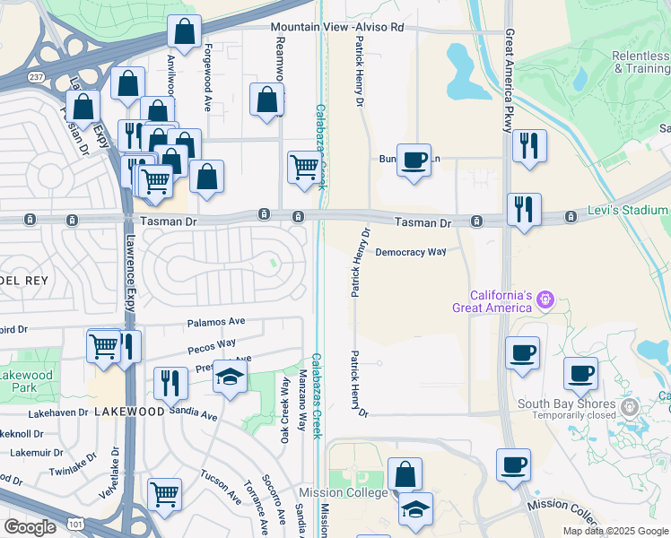 map of restaurants, bars, coffee shops, grocery stores, and more near 4900 Patrick Henry Drive in Santa Clara