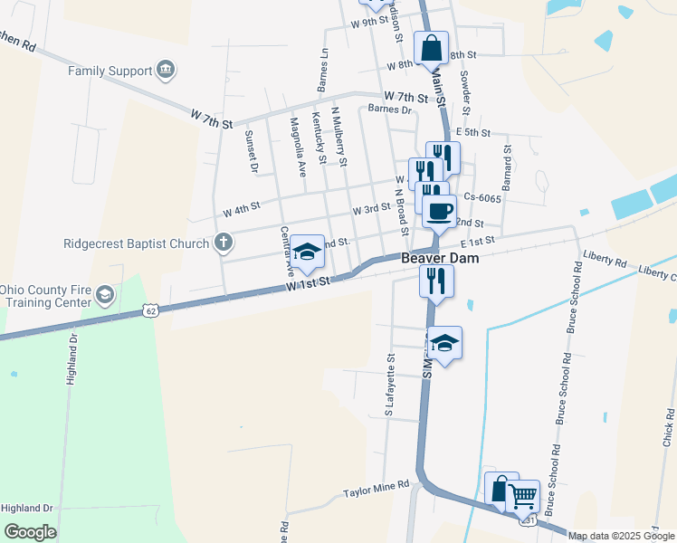map of restaurants, bars, coffee shops, grocery stores, and more near West 1st Street in Beaver Dam