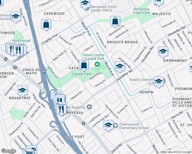 map of restaurants, bars, coffee shops, grocery stores, and more near 2778 Wexford Drive in San Jose