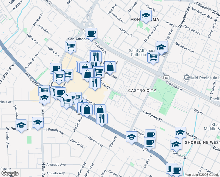 map of restaurants, bars, coffee shops, grocery stores, and more near in Mountain View