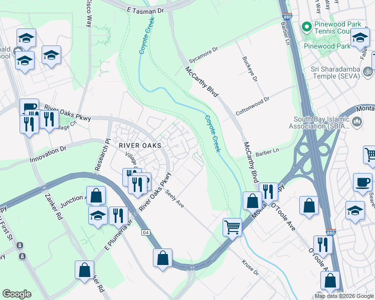 map of restaurants, bars, coffee shops, grocery stores, and more near 670 Encore Way in San Jose