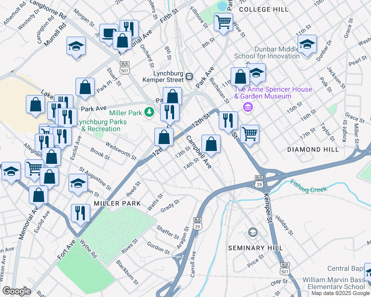 map of restaurants, bars, coffee shops, grocery stores, and more near 2105 13th Street in Lynchburg
