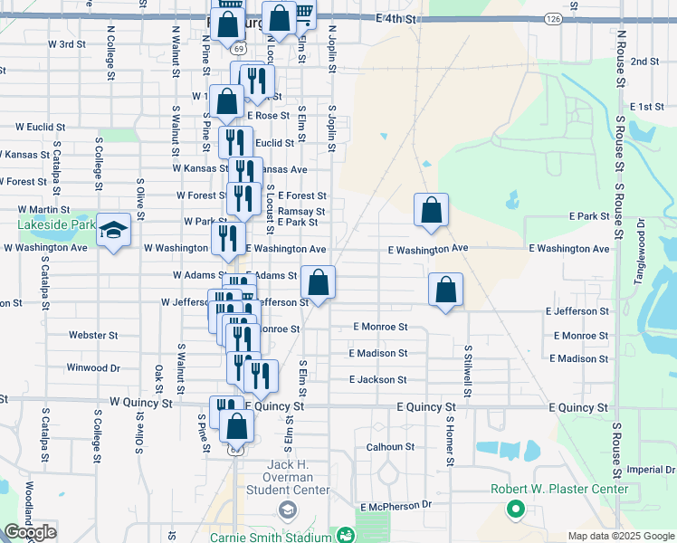 map of restaurants, bars, coffee shops, grocery stores, and more near 406 East Adams Street in Pittsburg