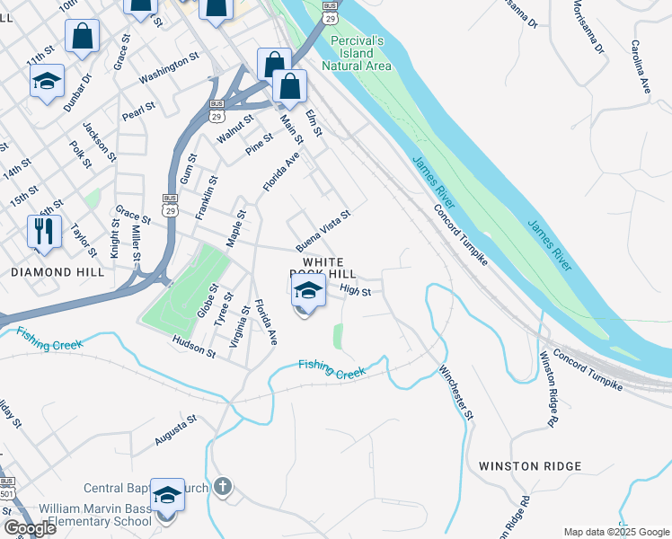 map of restaurants, bars, coffee shops, grocery stores, and more near 2403 Poplar Street in Lynchburg