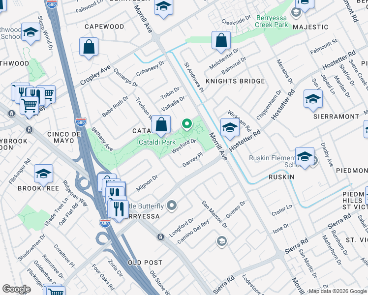 map of restaurants, bars, coffee shops, grocery stores, and more near 2778 Wexford Drive in San Jose