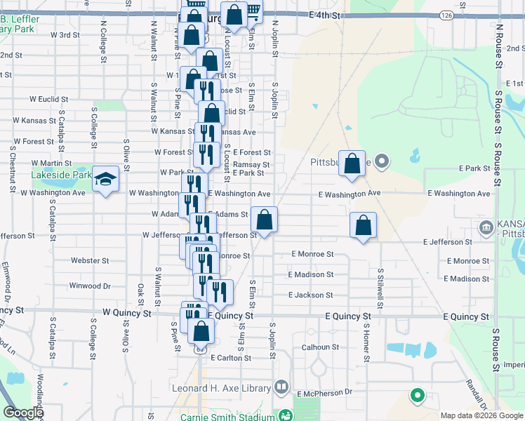 map of restaurants, bars, coffee shops, grocery stores, and more near 306 East Adams Street in Pittsburg