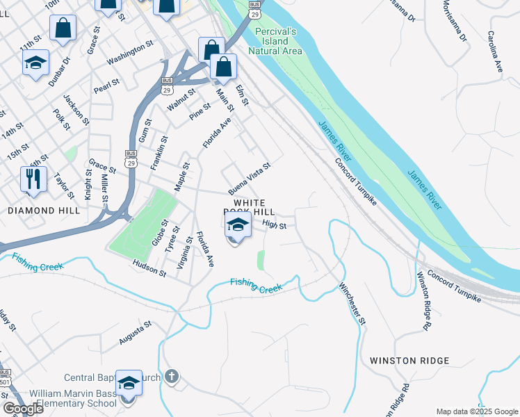 map of restaurants, bars, coffee shops, grocery stores, and more near 2403 Poplar Street in Lynchburg