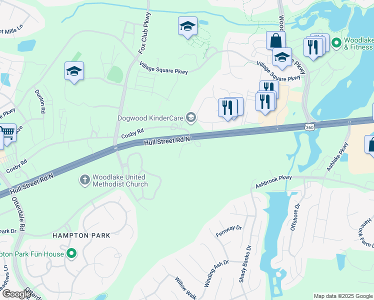 map of restaurants, bars, coffee shops, grocery stores, and more near 15107 Hull Street Road in Chesterfield