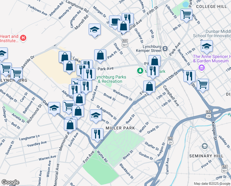 map of restaurants, bars, coffee shops, grocery stores, and more near 319 Wadsworth Street in Lynchburg