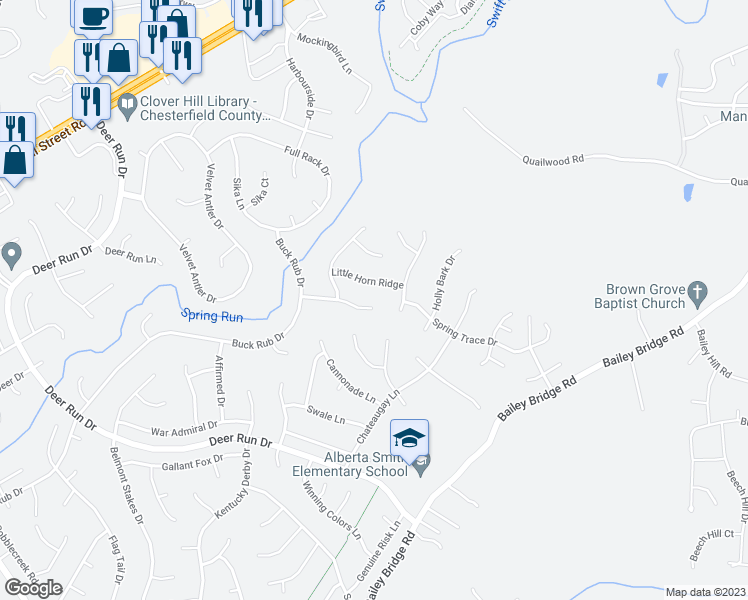 map of restaurants, bars, coffee shops, grocery stores, and more near 13304 Master Stag Drive in Midlothian