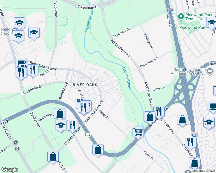 map of restaurants, bars, coffee shops, grocery stores, and more near 670 Encore Way in San Jose