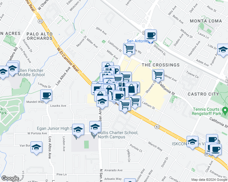 map of restaurants, bars, coffee shops, grocery stores, and more near 2580 West El Camino Real in Mountain View