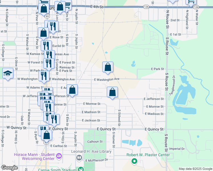 map of restaurants, bars, coffee shops, grocery stores, and more near 522 East Adams Street in Pittsburg