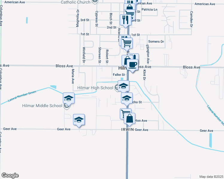 map of restaurants, bars, coffee shops, grocery stores, and more near 7807 Lander Avenue in Hilmar