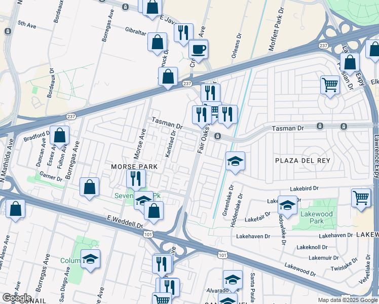 map of restaurants, bars, coffee shops, grocery stores, and more near 582 Kiholo Terrace in Sunnyvale