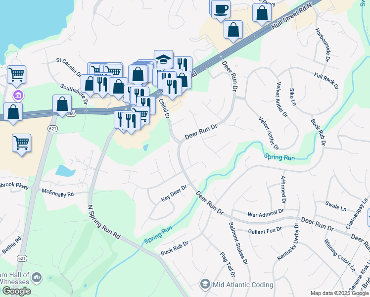 map of restaurants, bars, coffee shops, grocery stores, and more near 7106 Branched Antler Circle in Midlothian